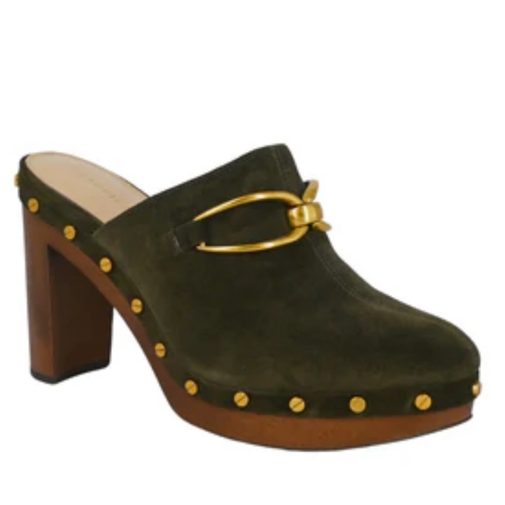 Veronica Beard Olive Suede Studded Mule with Gold Buckle